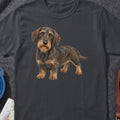 Dark charcoal t-shirt with a painted wirehaired dachshund graphic.