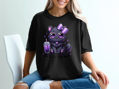Black t-shirt with graphic of a cute black cat wearing heart sunglasses and a bow.
