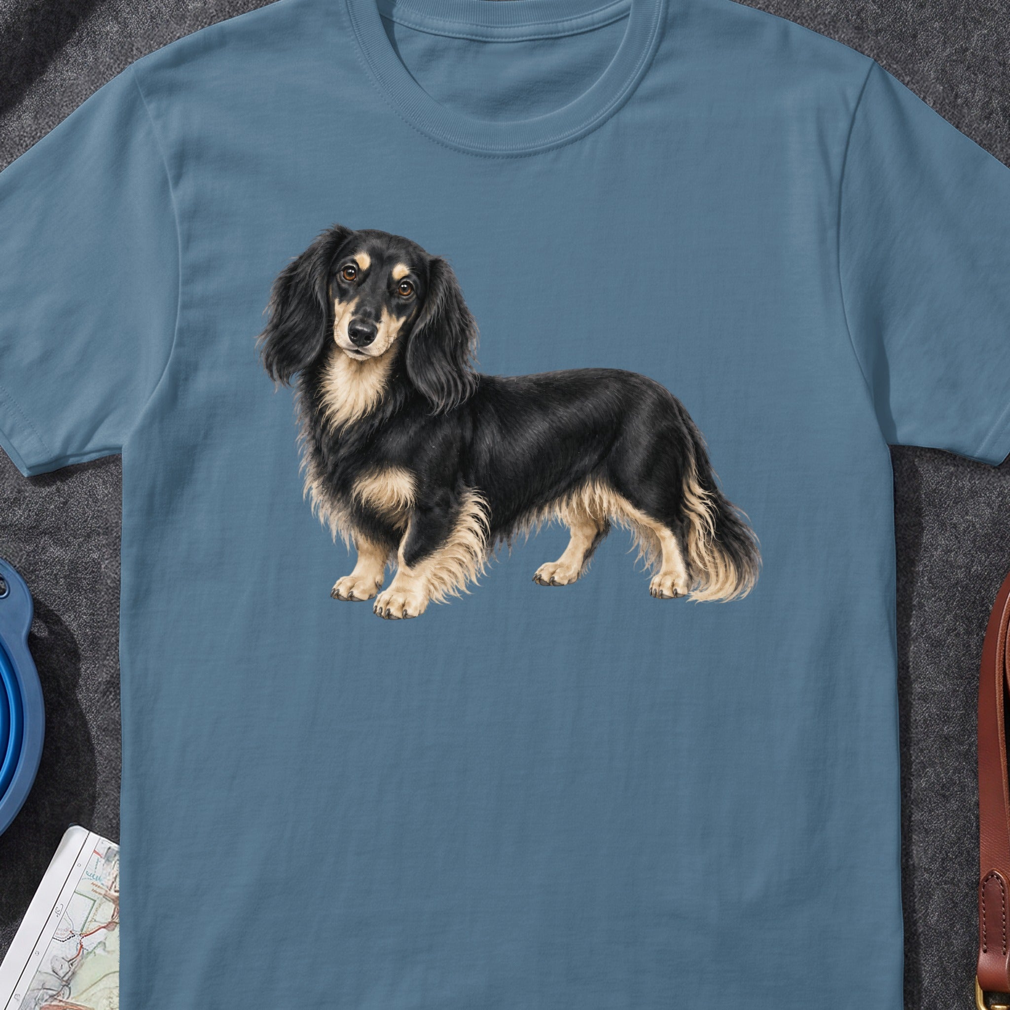 Long-haired black and tan dachshund with a detailed illustration on a blue t-shirt.