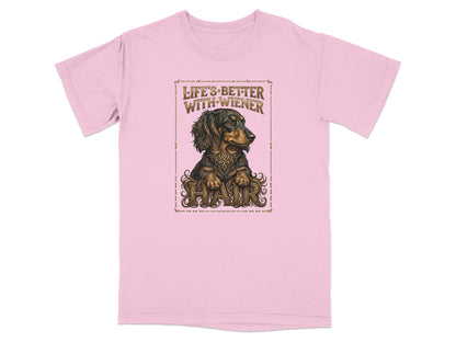 Pink t-shirt featuring a detailed illustration of a dachshund with the text "Life's Better With Hair".