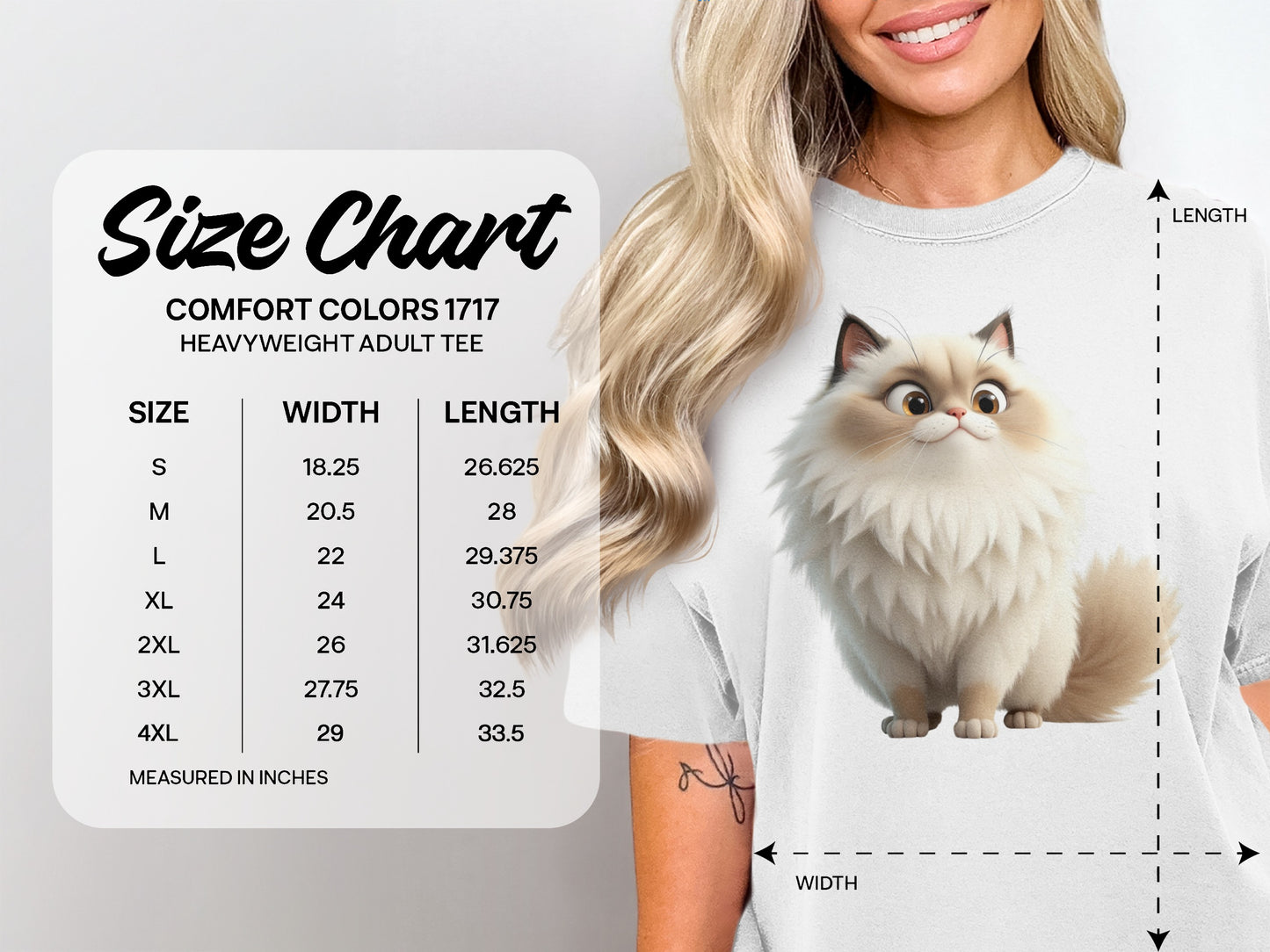 Comfort Colors 1717 heavyweight adult tee size chart with measurements.