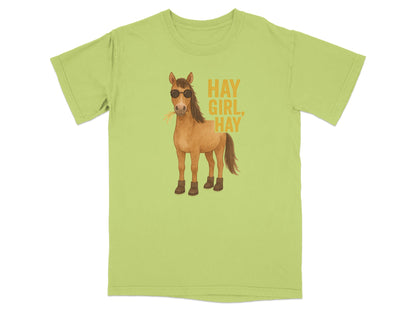Light green t-shirt with a cartoon horse wearing sunglasses and the text "HAY GIRL, HAY".