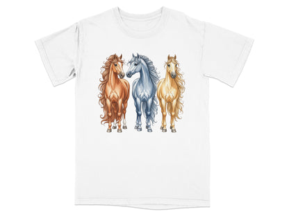 Three horses, one brown, one grey, and one golden, stand side by side.
