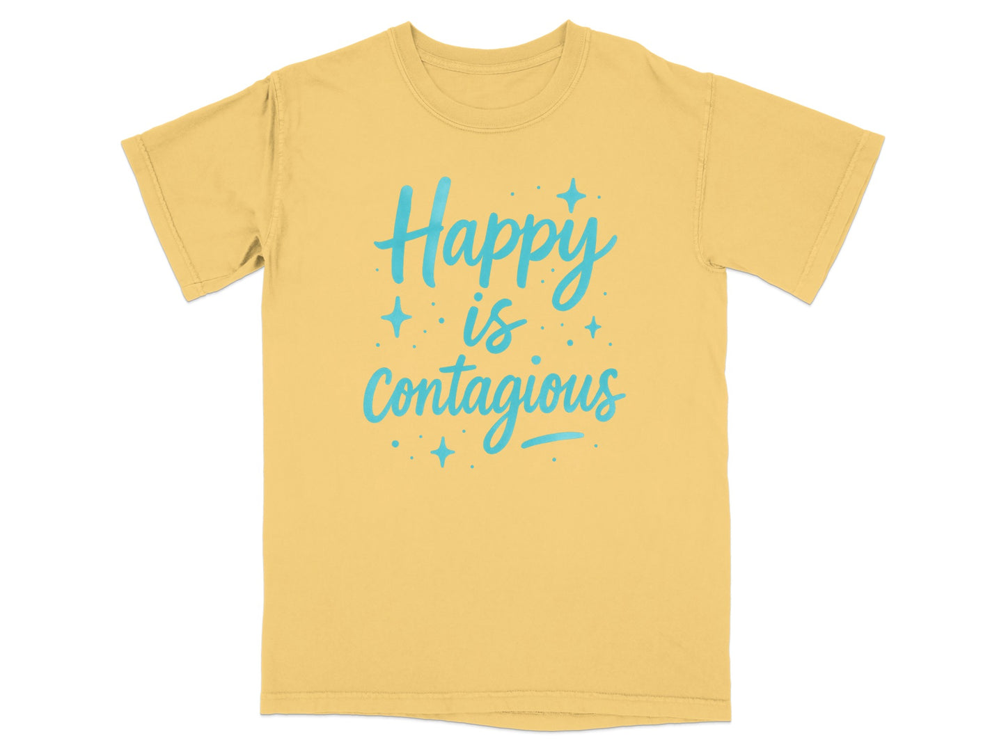 Yellow t-shirt with "Happy is Contagious" in blue text.