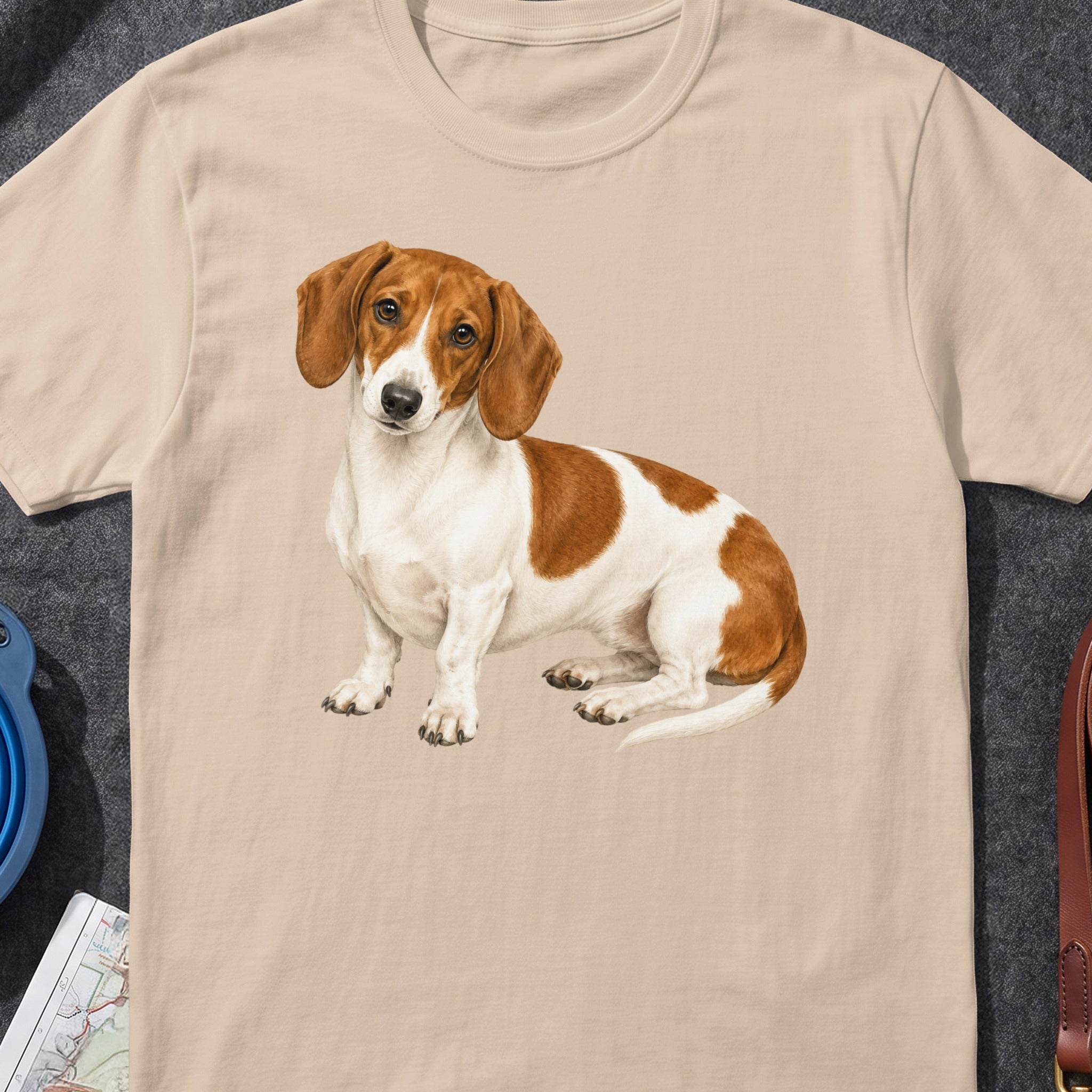 Dachshund with brown and white markings sitting on a tan t-shirt.