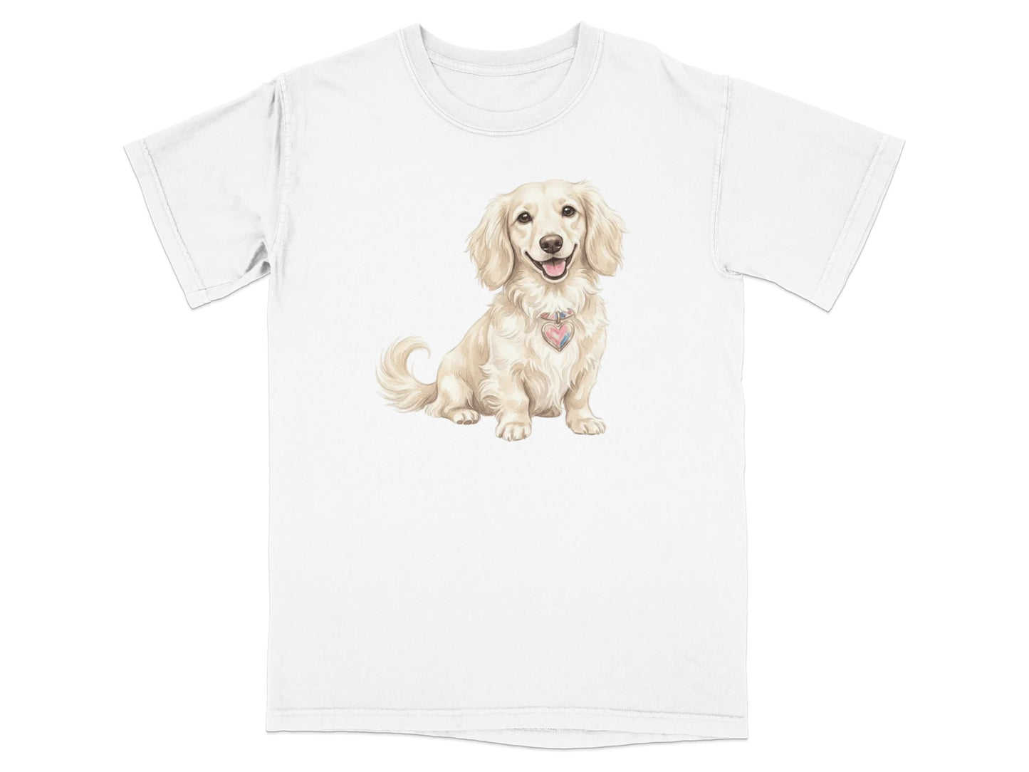 White t-shirt with illustration of a cream dachshund wearing a pink heart tag.