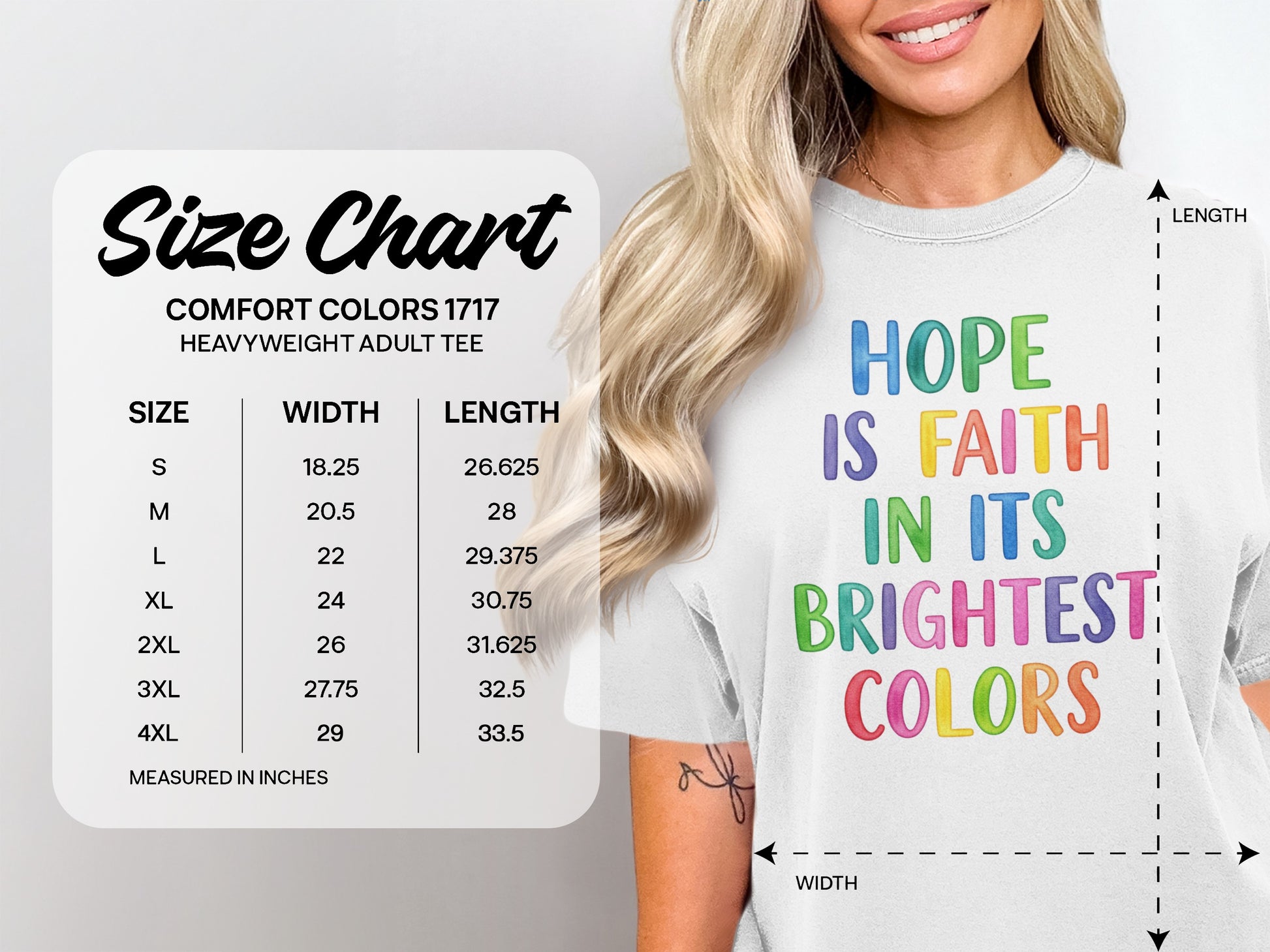 Comfort Colors 1717 heavyweight t-shirt size chart with colorful "Hope is Faith in Its Brightest Colors" text.
