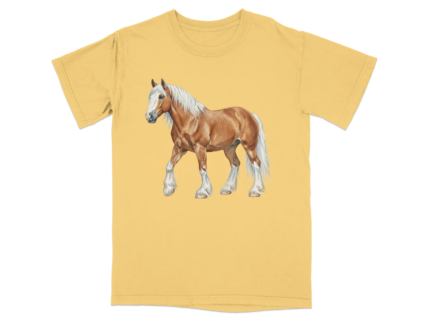 A horse with a tan coat and white mane on a yellow t-shirt.