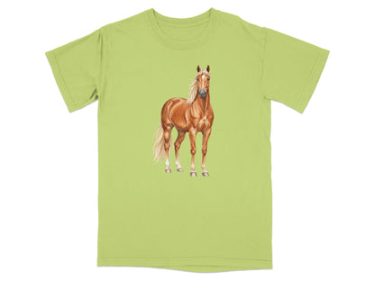 Light green t-shirt with a painted brown horse graphic.