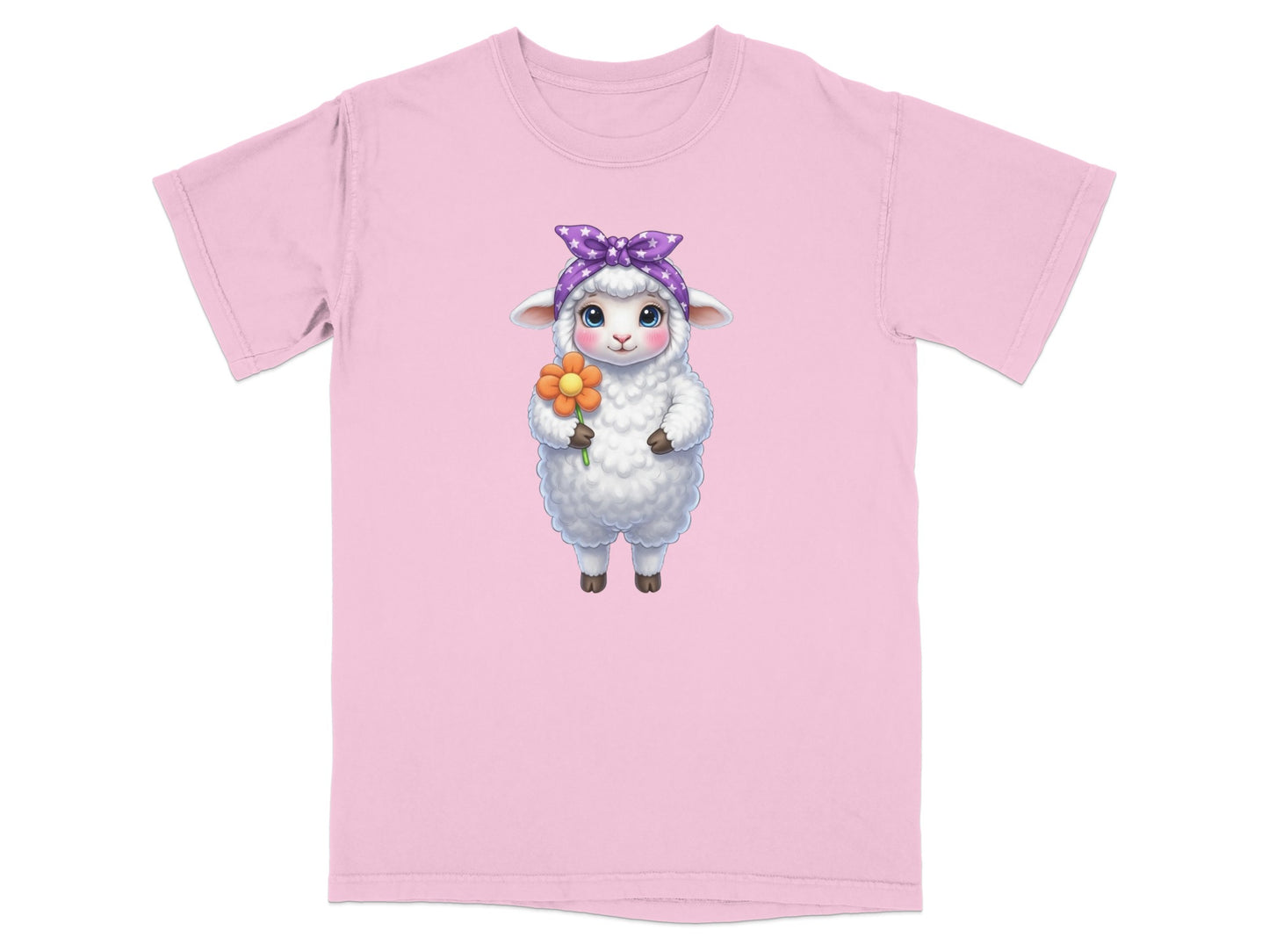 Cartoon sheep wearing a purple polka-dot headband, holding an orange flower.