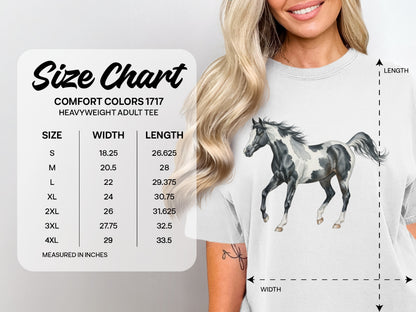 Comfort Colors 1717 heavyweight adult tee size chart with measurements for width and length.