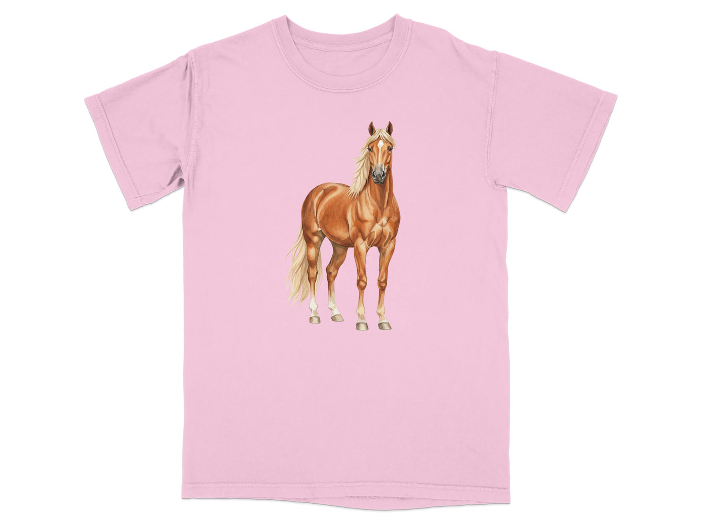 Pink t-shirt with a realistic illustration of a light brown horse.