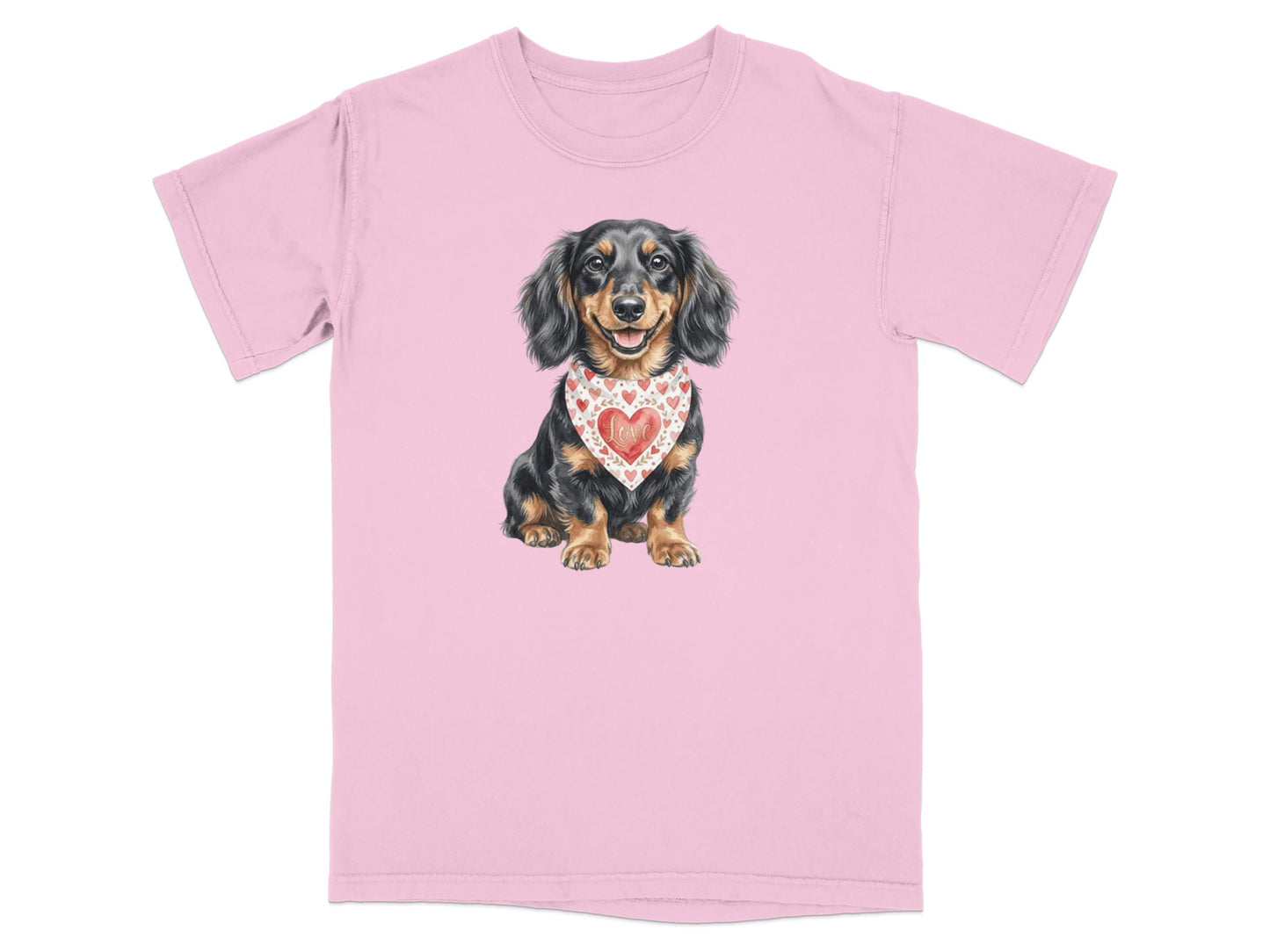 Pink t-shirt featuring a dachshund wearing a heart-patterned bandana.