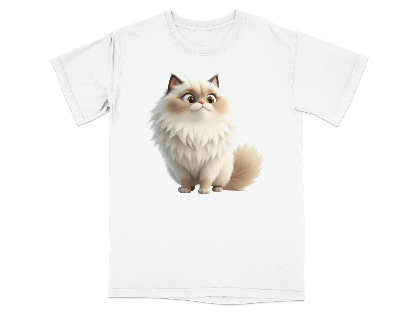 Fluffy ragdoll cat illustration on a white t-shirt.