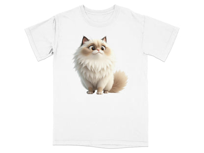 Fluffy ragdoll cat illustration on a white t-shirt.