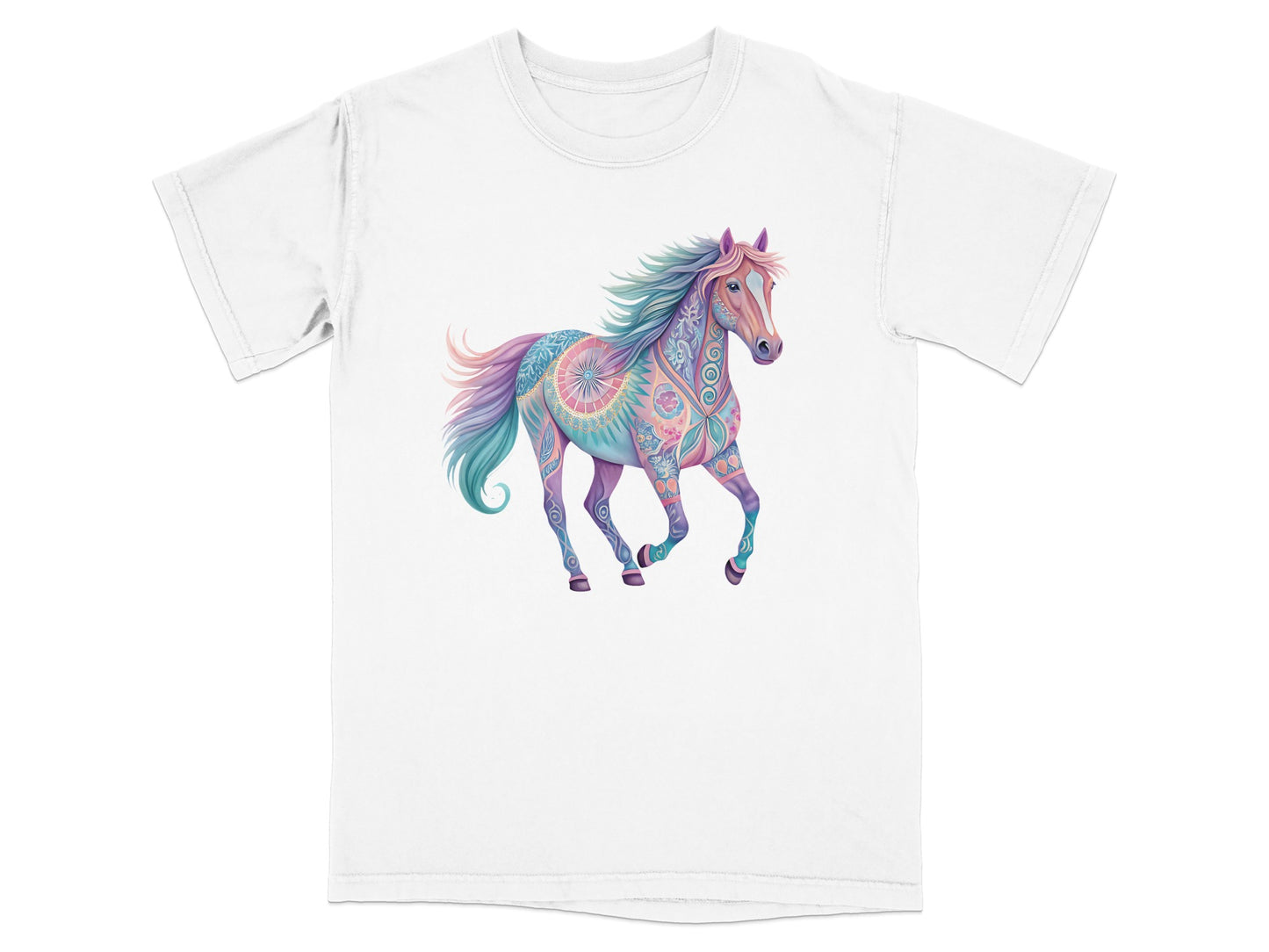 White t-shirt with a colorful, patterned horse graphic.
