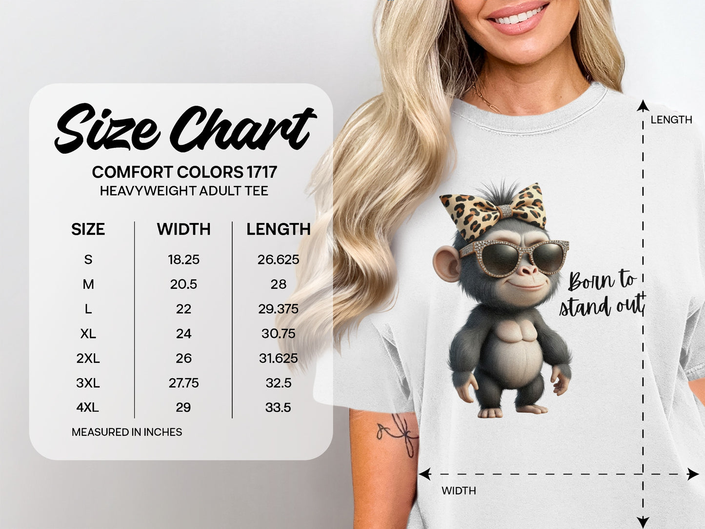 Comfort Colors 1717 heavyweight adult tee size chart with measurements.