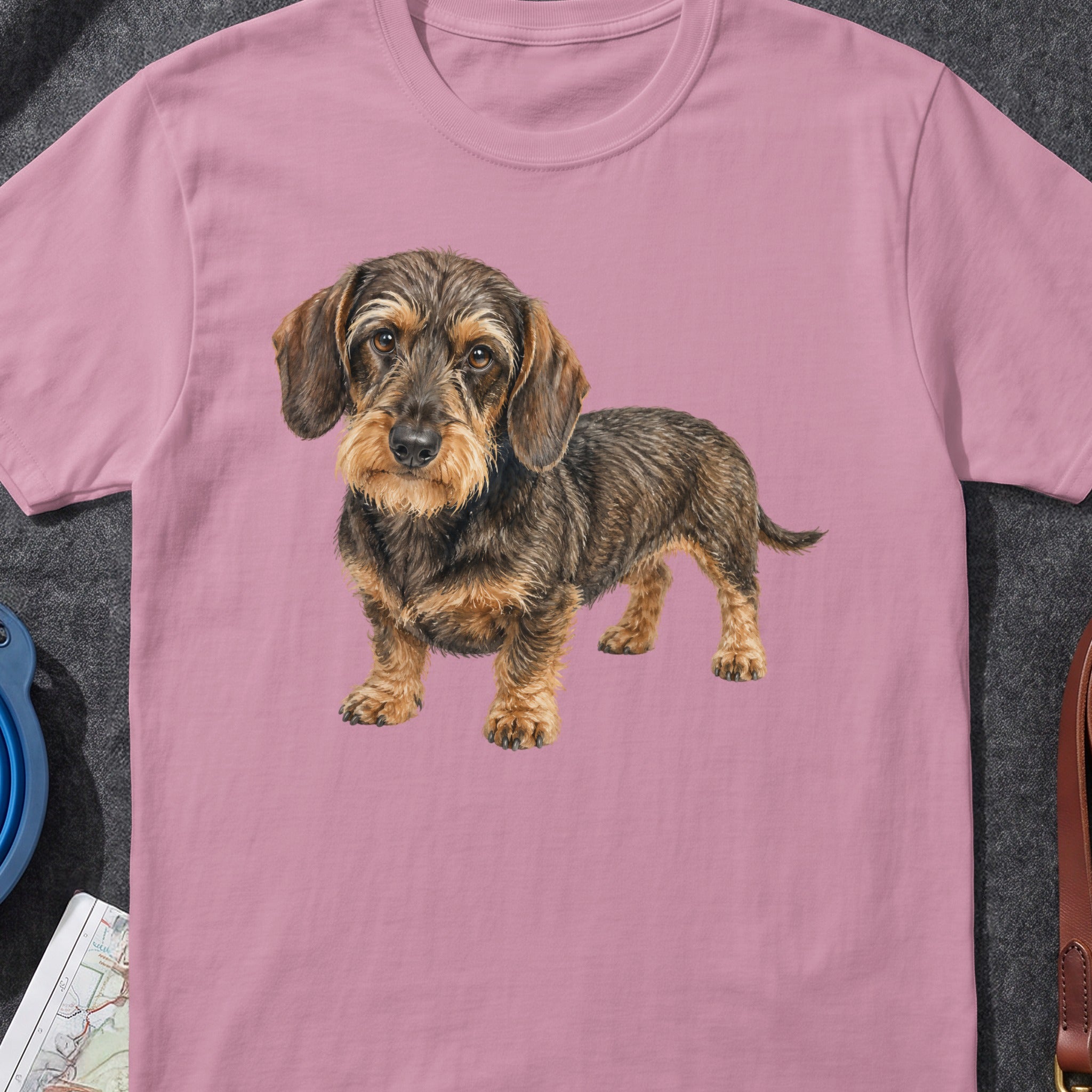 Wirehaired dachshund printed on a pink t-shirt.