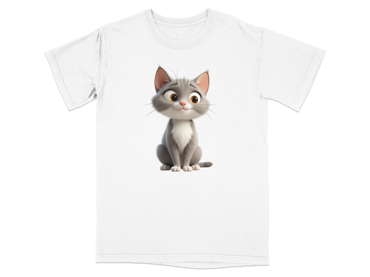 Cartoon cat illustration on a white t-shirt.