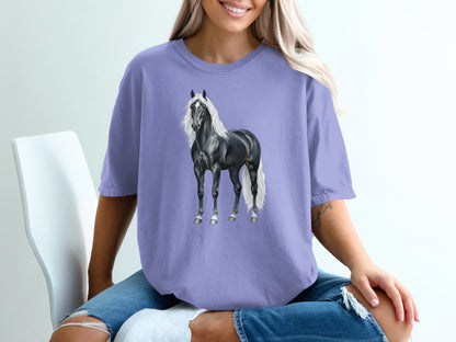 Black Friesian horse with white mane and tail on a purple t-shirt.