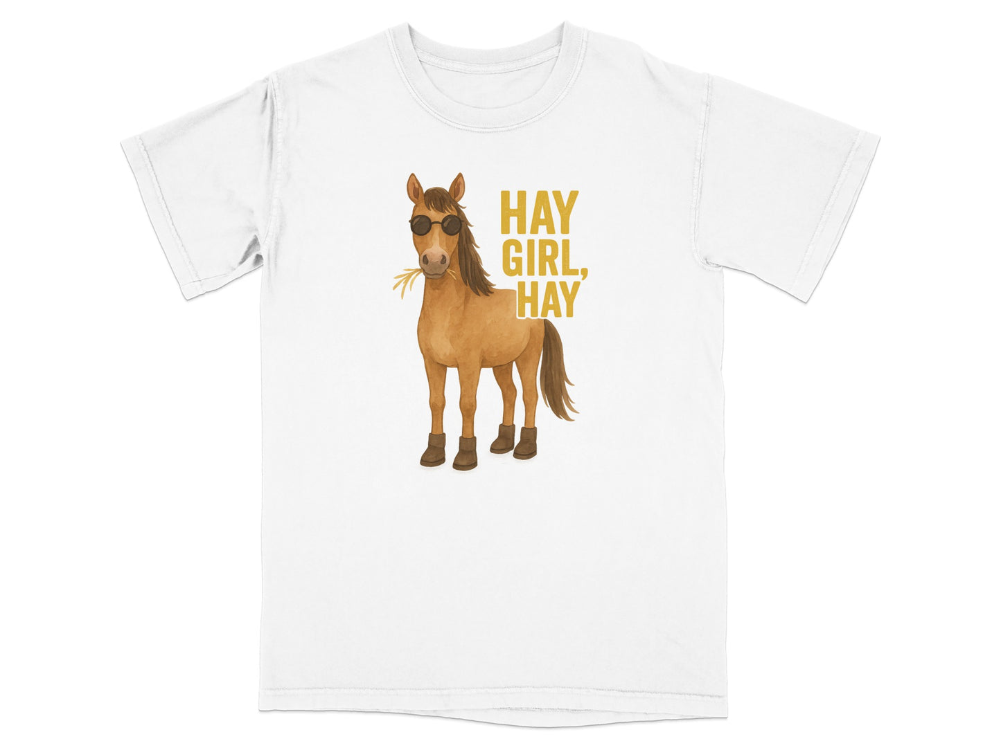 Horse wearing sunglasses and boots, with text "HAY GIRL, HAY."