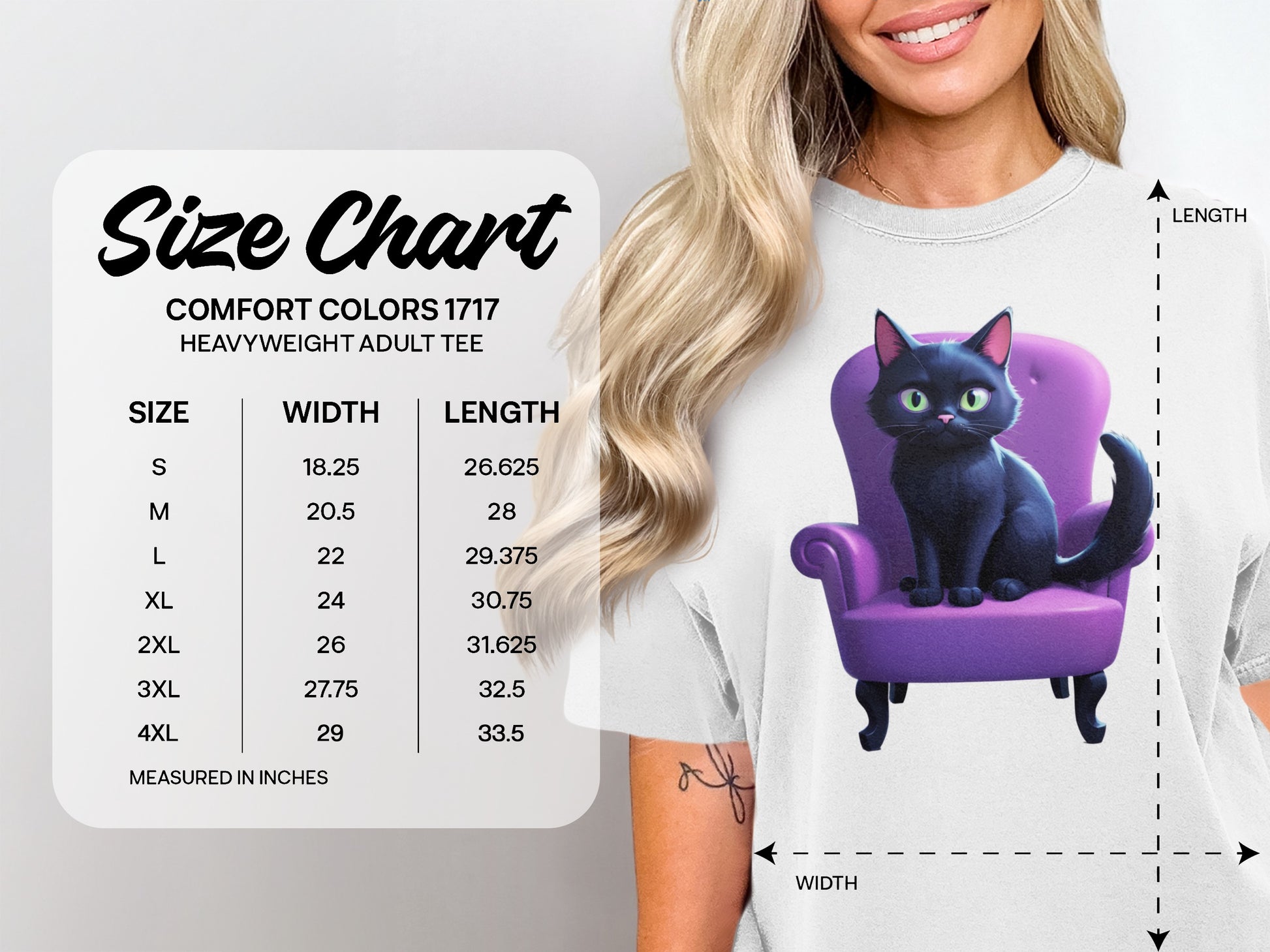 Comfort Colors heavyweight adult tee size chart with measurements in inches.