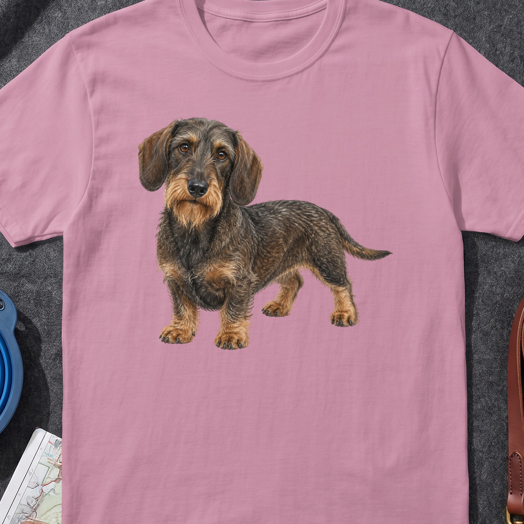 Wirehaired dachshund illustration on a pink t-shirt.
