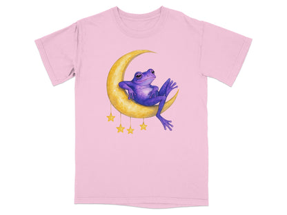 Purple frog lounging on a crescent moon with yellow stars.