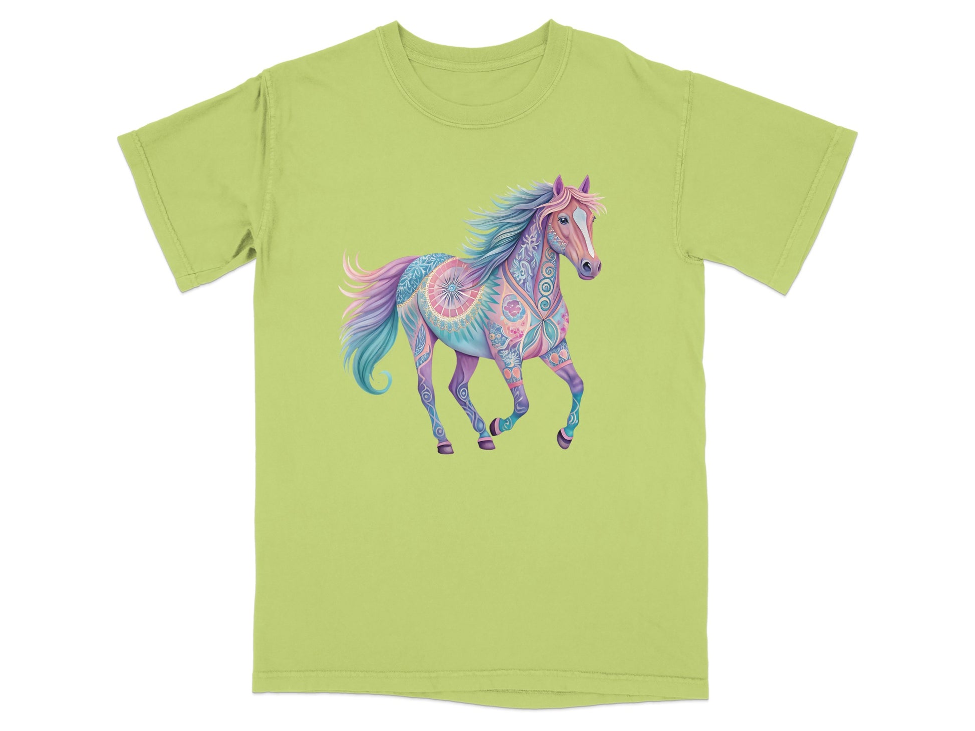 Unicorn horse with colorful mandala-style patterns on light green t-shirt.