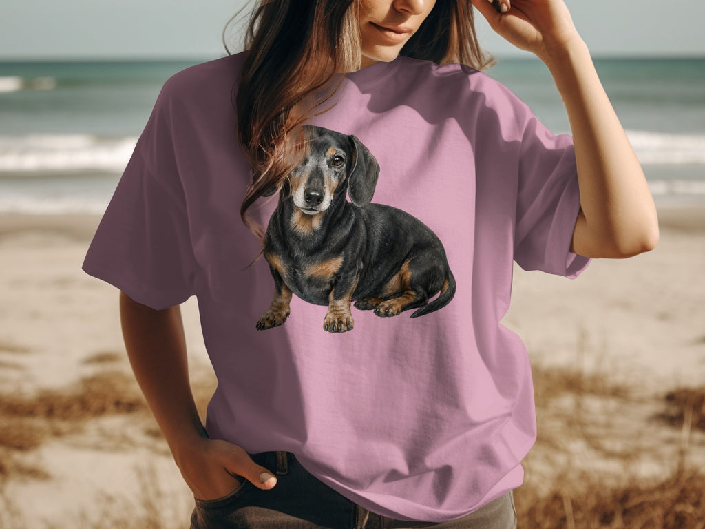 Pink t-shirt with a printed image of a seated black and tan dachshund on a beach.