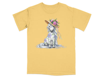 Yellow t-shirt with a whimsical white horse wearing a straw hat with flowers.