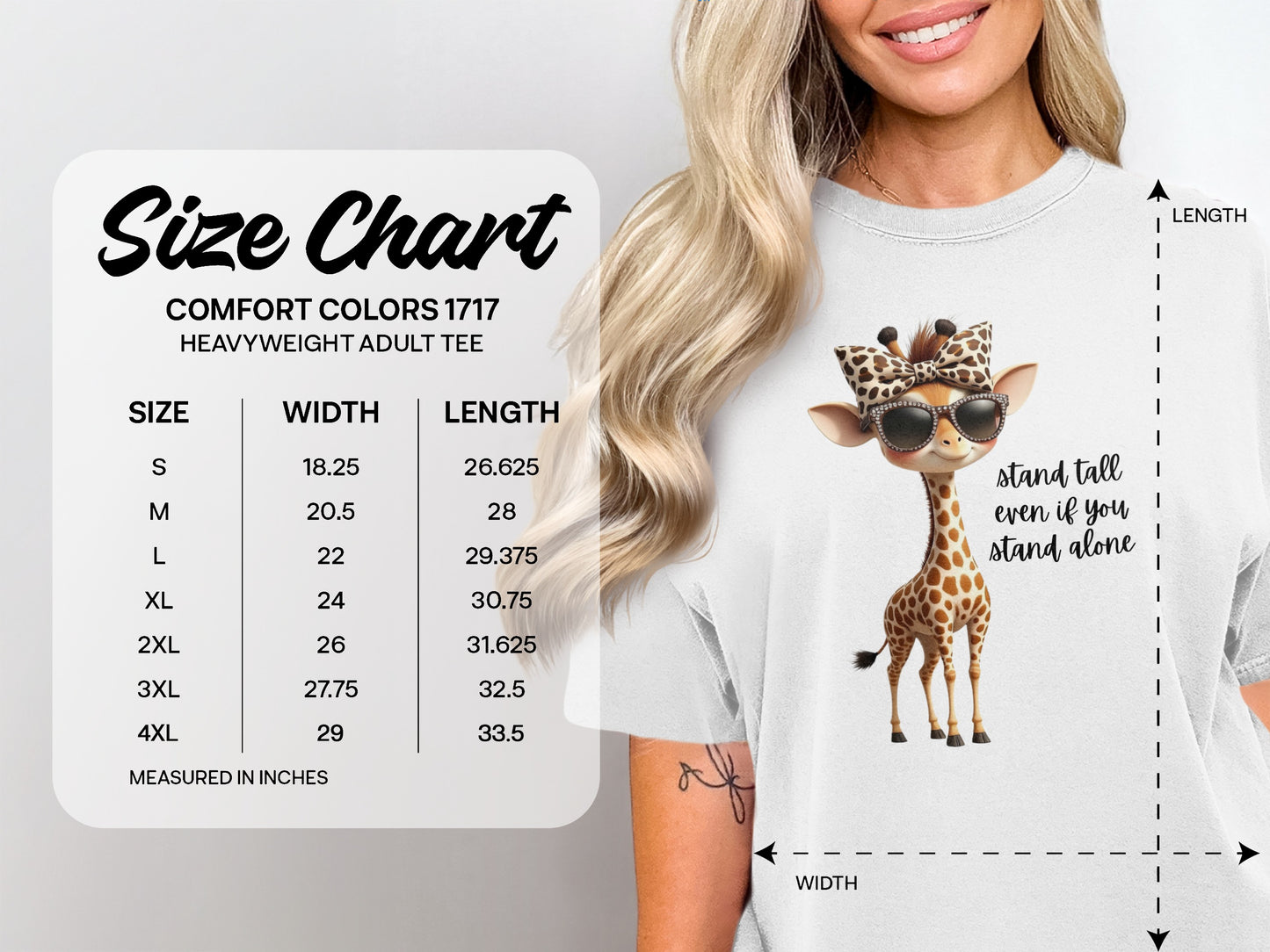 Comfort Colors 1717 heavyweight t-shirt size chart with giraffe graphic.