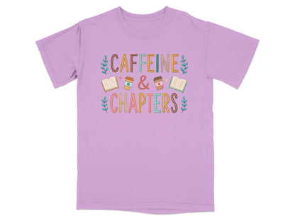 Purple t-shirt with "Caffeine & Chapters" text and decorative leaves.
