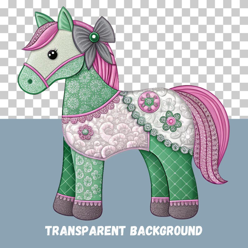 Green and pink patchwork nursery horse with transparent background
