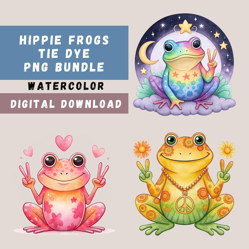 Hippie Frogs tie dye PNG bundle with watercolor peace sign frogs