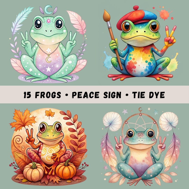 Colorful watercolor hippie frogs with peace signs and groovy details