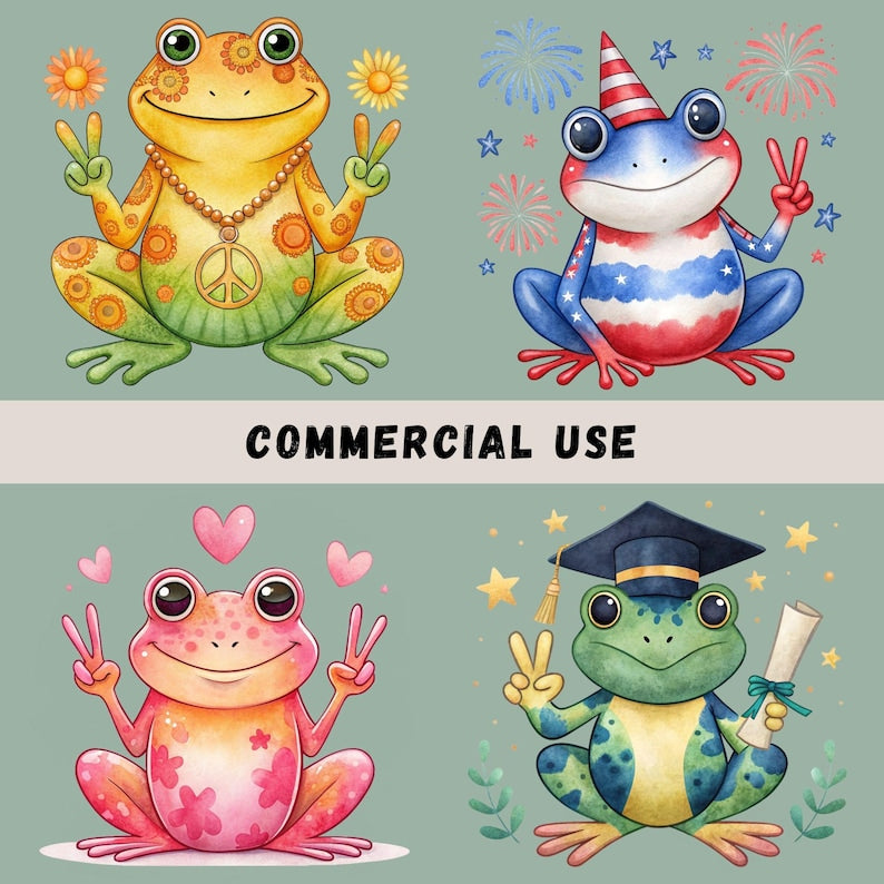 Watercolor peace sign frogs for holidays celebrations and special occasions