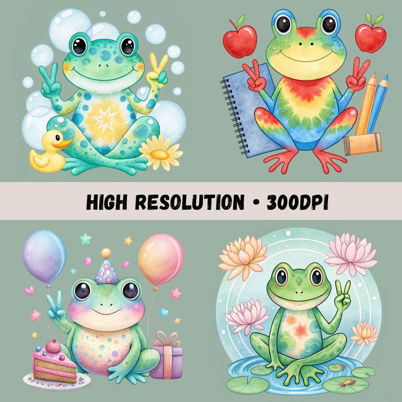 Tie dye frog clipart designs for school and creative projects