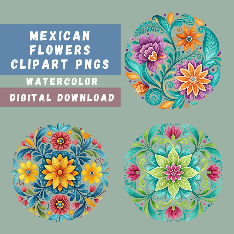 Mexican Flowers PNG Bundle with 15 colorful folk floral designs
