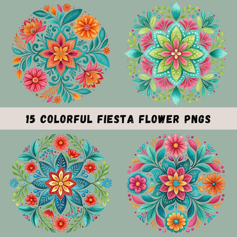 Colorful Mexican floral PNG designs preview