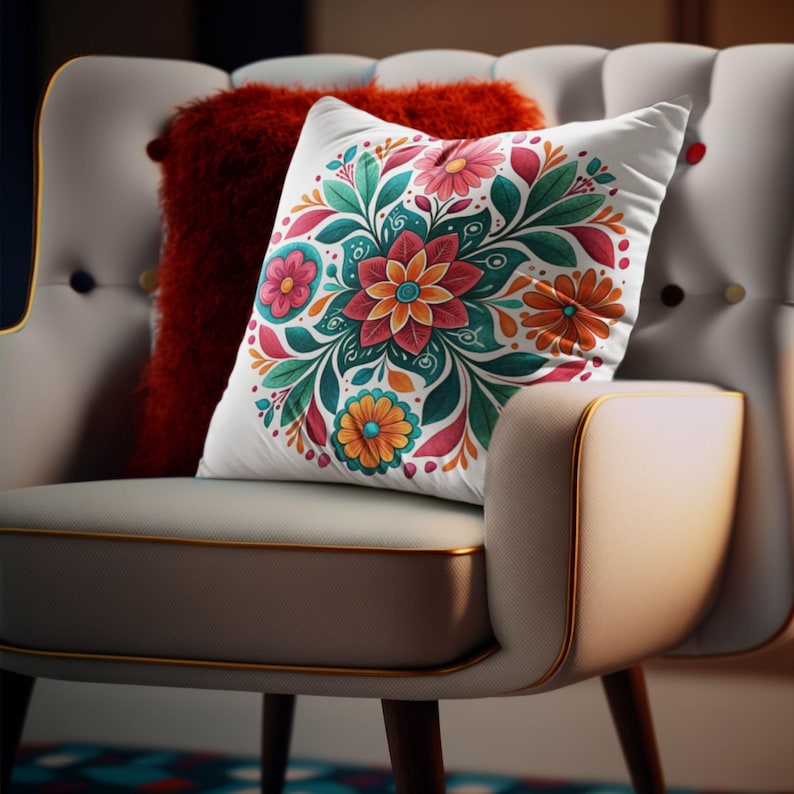 Mexican floral design shown on a decorative pillow