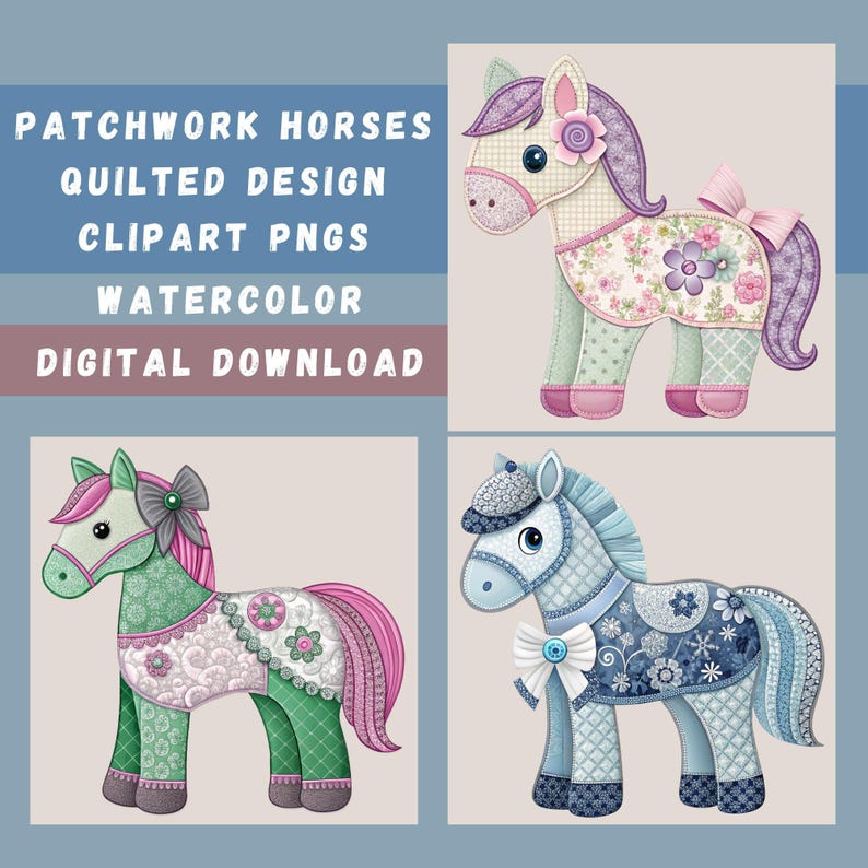 Nursery Horses Clipart Bundle with 15 patchwork horse PNG designs