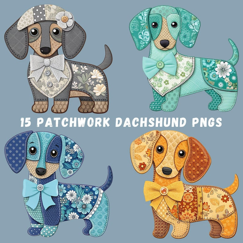 15 colorful patchwork dachshund clipart PNG bundle