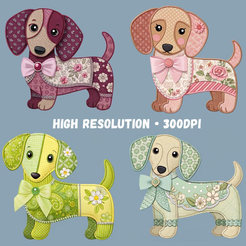 High-resolution 300 DPI patchwork dachshund PNG designs