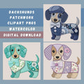 Patchwork dachshund watercolor clipart digital download