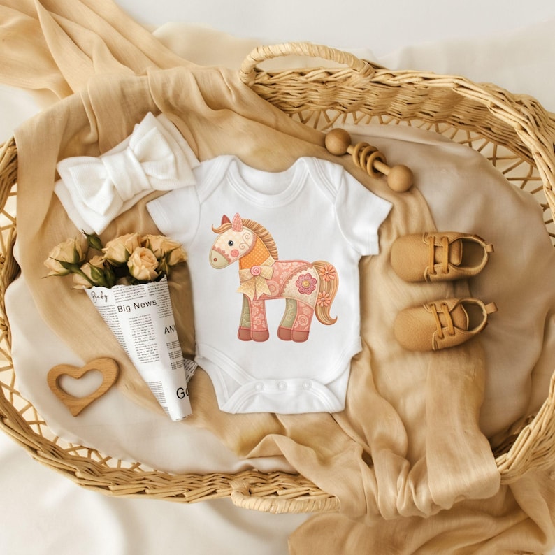 Patchwork horse design shown on a baby onesie