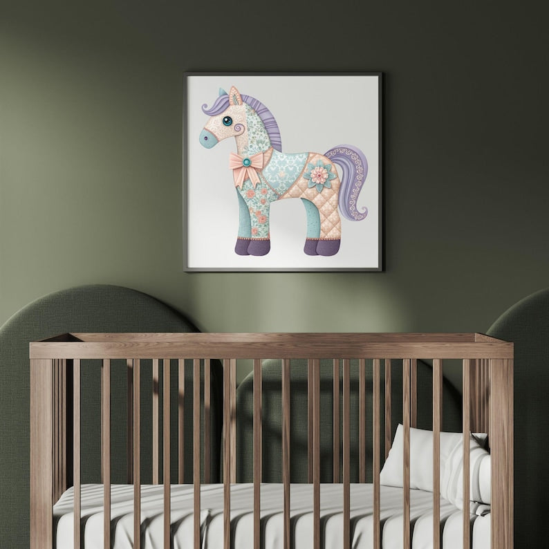 Patchwork horse clipart shown as framed nursery wall art