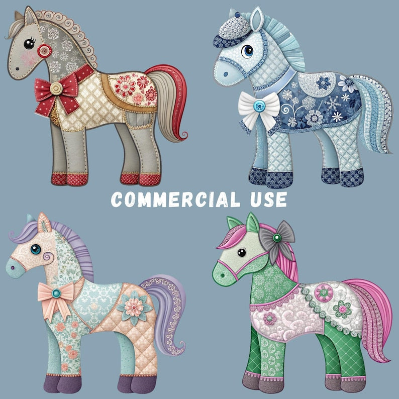Patchwork horses clipart bundle with commercial use information