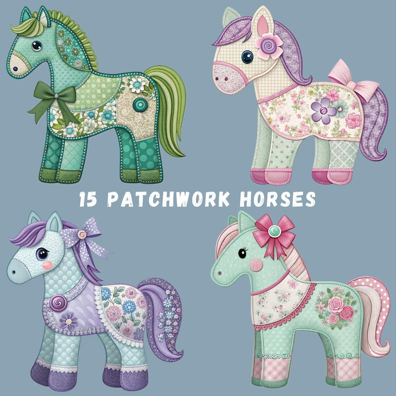 Complete collection of 15 watercolor patchwork horse clipart designs