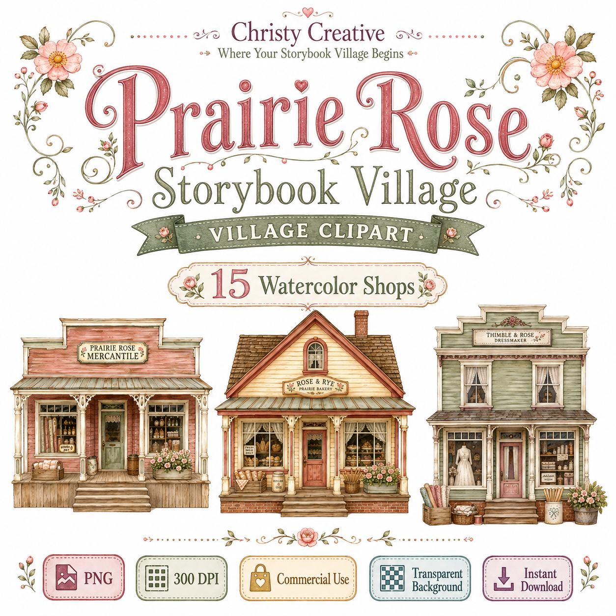 Prairie Rose Storybook Village watercolor clipart bundle cover